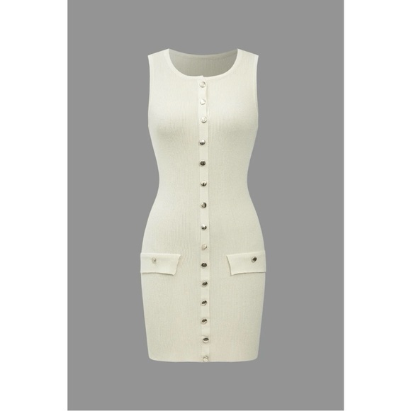 Button Front Sleeveless Ribbed Knit Mini Dress - Picture 1 of 4
